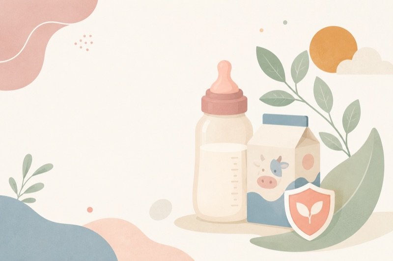 Ilustração de mamadeira, caixa de leite com vaca e escudo de proteção — alergia à proteína do leite de vaca (APLV)
