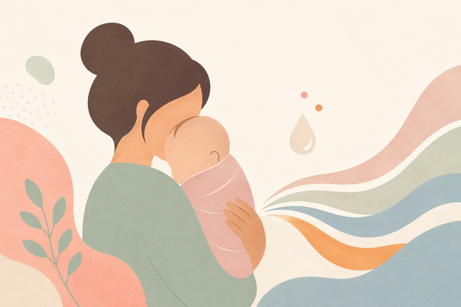 Ilustração de uma mãe segurando o bebê no colo, com ondas suaves e uma gota de leite ao lado, representando o refluxo em bebês